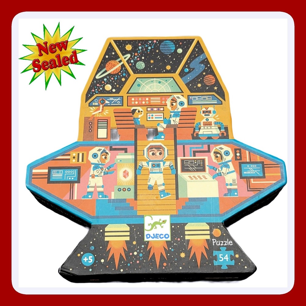 Djeco Station Spatiale Whimsical Space Puzzle Toy 54pc Shaped Silhouette Box NWT